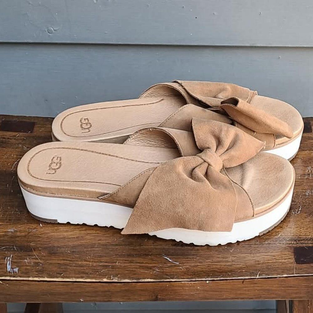 UGG Joan II Chestnut Suede Bow Platform Sandal size 8 LIKE NEW - Picture 6 of 9